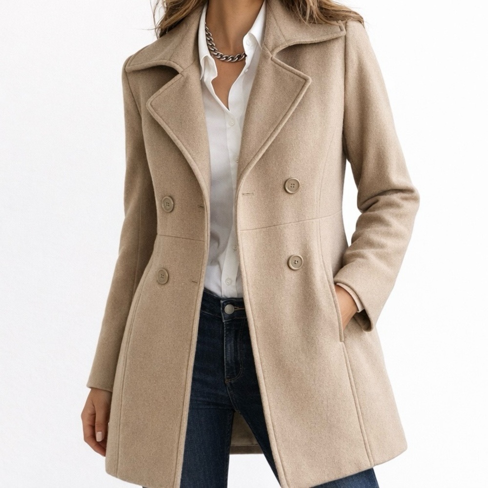 Camel Coat Wool 80% 3/4 Length Double Breasted Lined Classic Timeless Beige M